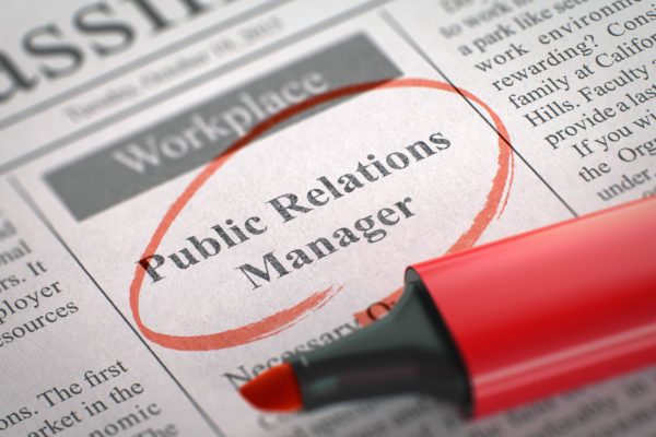 Public Relations Manager - Jobs Section Vacancy in Newspaper, Circled with a Red Highlighter. Blurred Image. Selective focus. Job Seeking Concept. 3D Rendering.